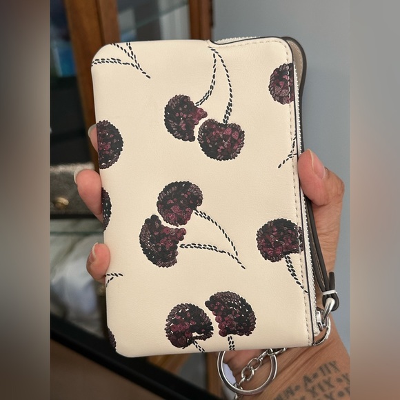 Coach Corner Zip Wristlet Wallet with Cherry Print and Cherry Charm - Picture 5 of 12